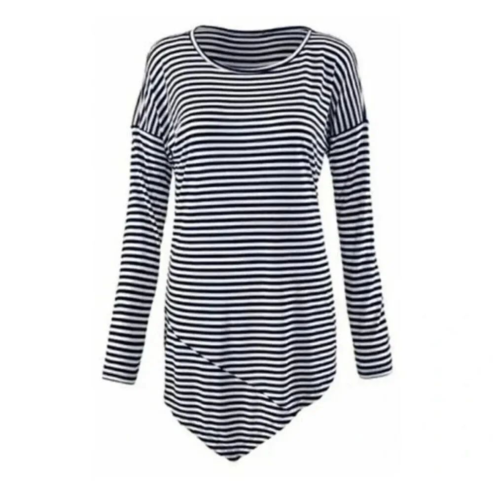 CAbi S boat stripe nautical asymmetrical hem knit top
